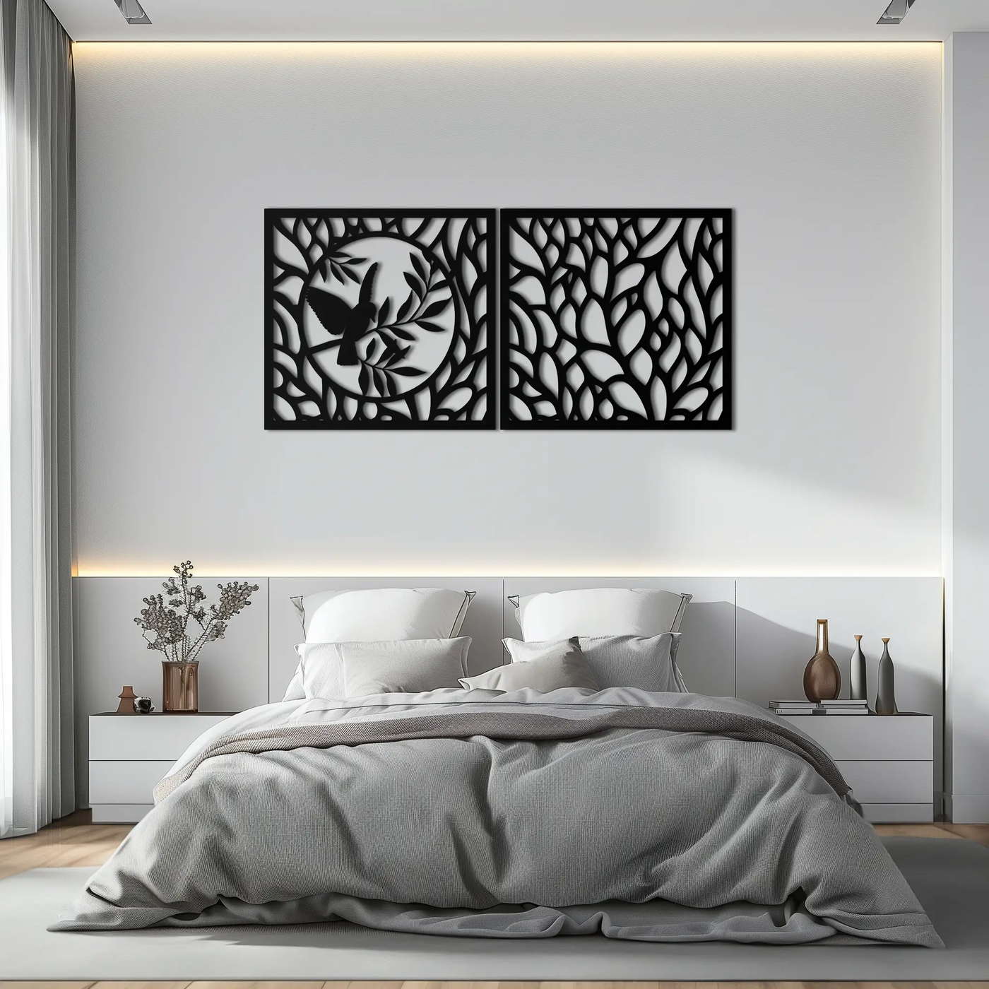 Hummingbird & Leaves Metal Wall Art - Elegant Dual Panel Steel Decor - KAF054 by Enova Art