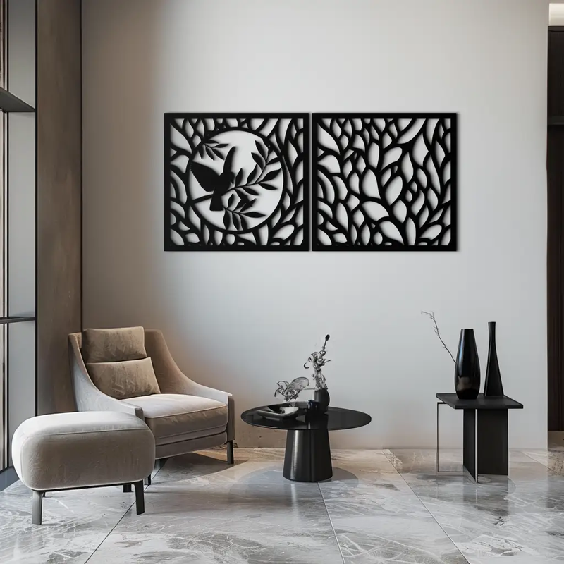 Hummingbird & Leaves Metal Wall Art - Elegant Dual Panel Steel Decor - KAF054 by Enova Art