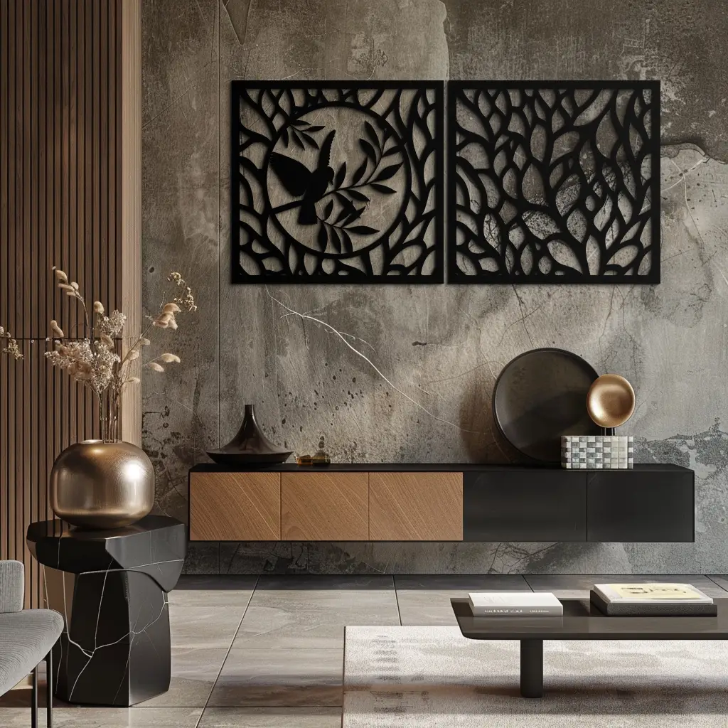 Hummingbird & Leaves Metal Wall Art - Elegant Dual Panel Steel Decor - KAF054 by Enova Art