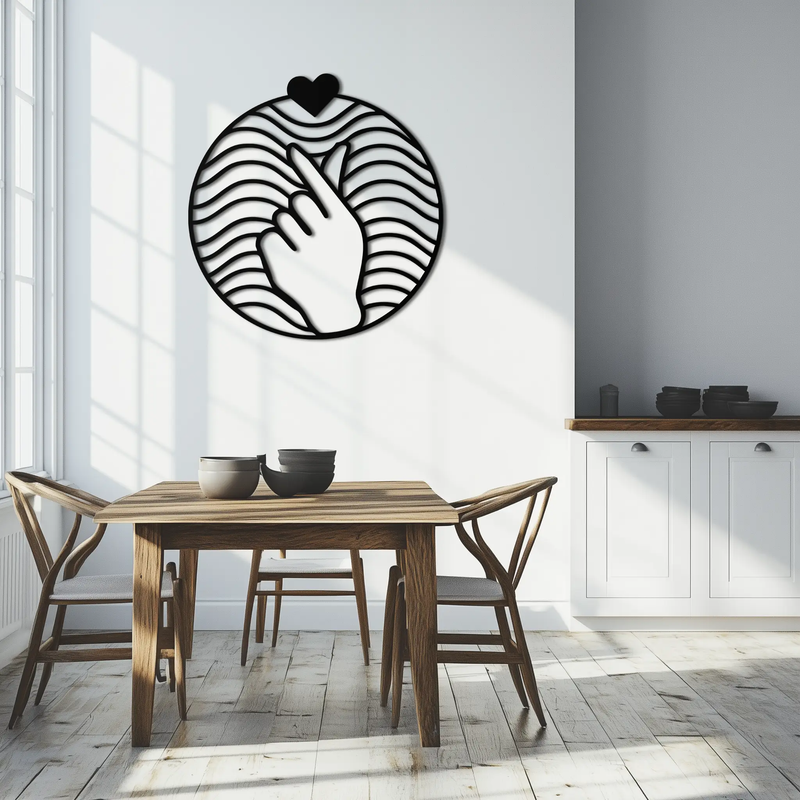 Heart Finger Love Sign Metal Wall Art - Round Minimalist Steel Decor - KAF056 by Enova Art