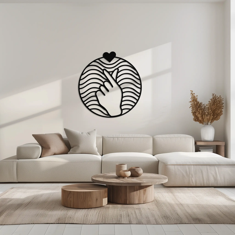 Heart Finger Love Sign Metal Wall Art - Round Minimalist Steel Decor - KAF056 by Enova Art