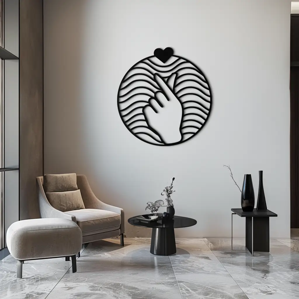 Heart Finger Love Sign Metal Wall Art - Round Minimalist Steel Decor - KAF056 by Enova Art