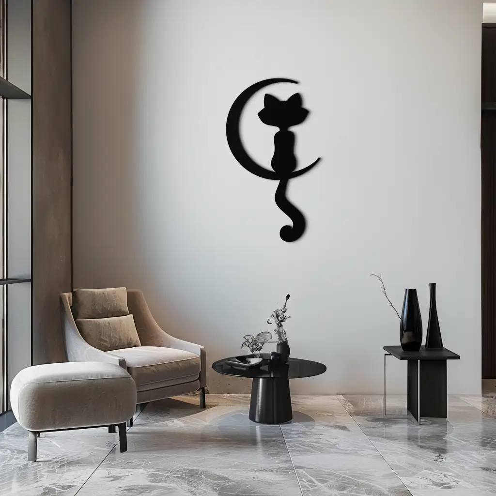 Moonlight Cat Metal Wall Art - Elegant Feline Silhouette Decor - KAF058 by Enova Art