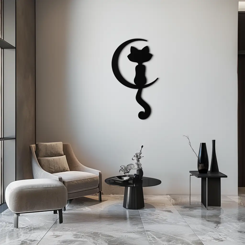 Moonlight Cat Metal Wall Art - Elegant Feline Silhouette Decor - KAF058 by Enova Art