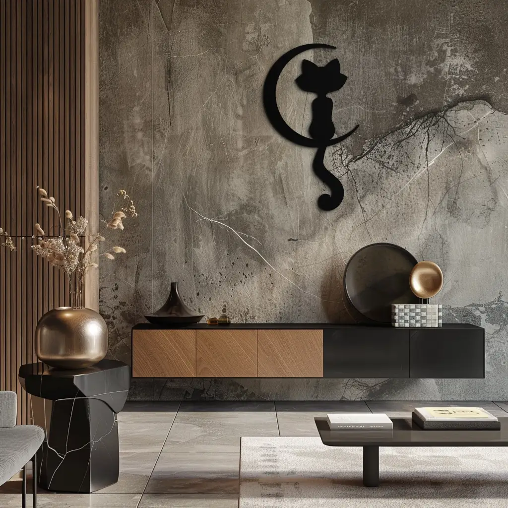 Moonlight Cat Metal Wall Art - Elegant Feline Silhouette Decor - KAF058 by Enova Art