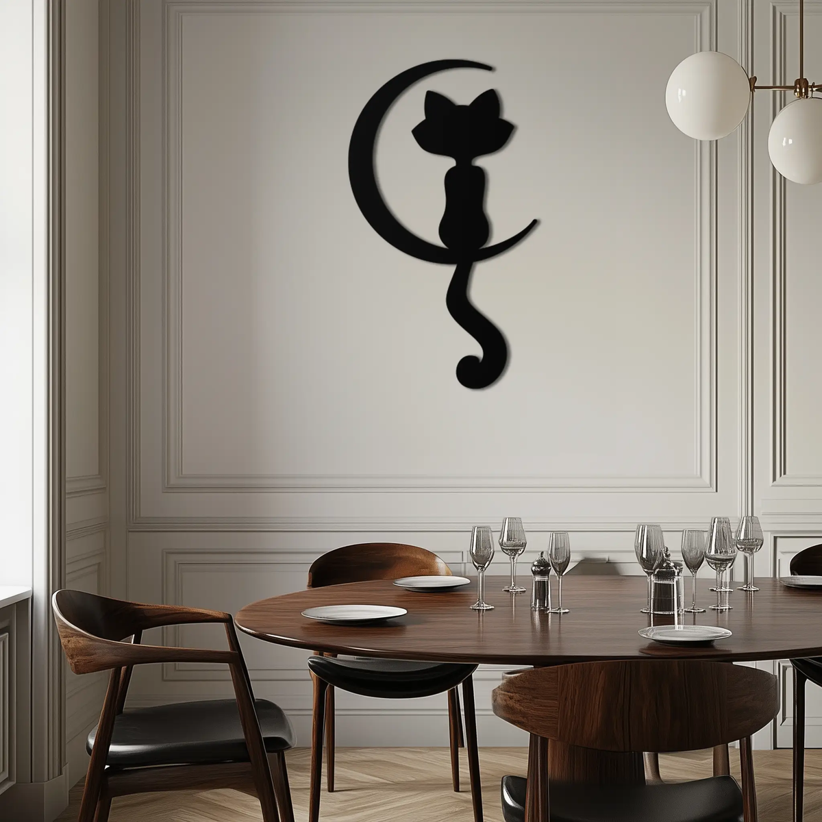 Moonlight Cat Metal Wall Art - Elegant Feline Silhouette Decor - KAF058 by Enova Art
