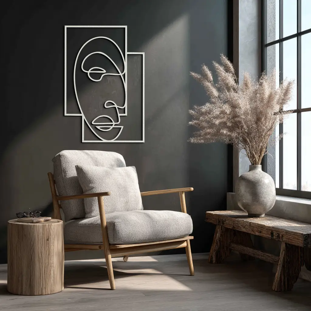 Abstract Minimalist Face Metal Wall Art – Modern Geometric Line Art - KAF064 by Enova Art