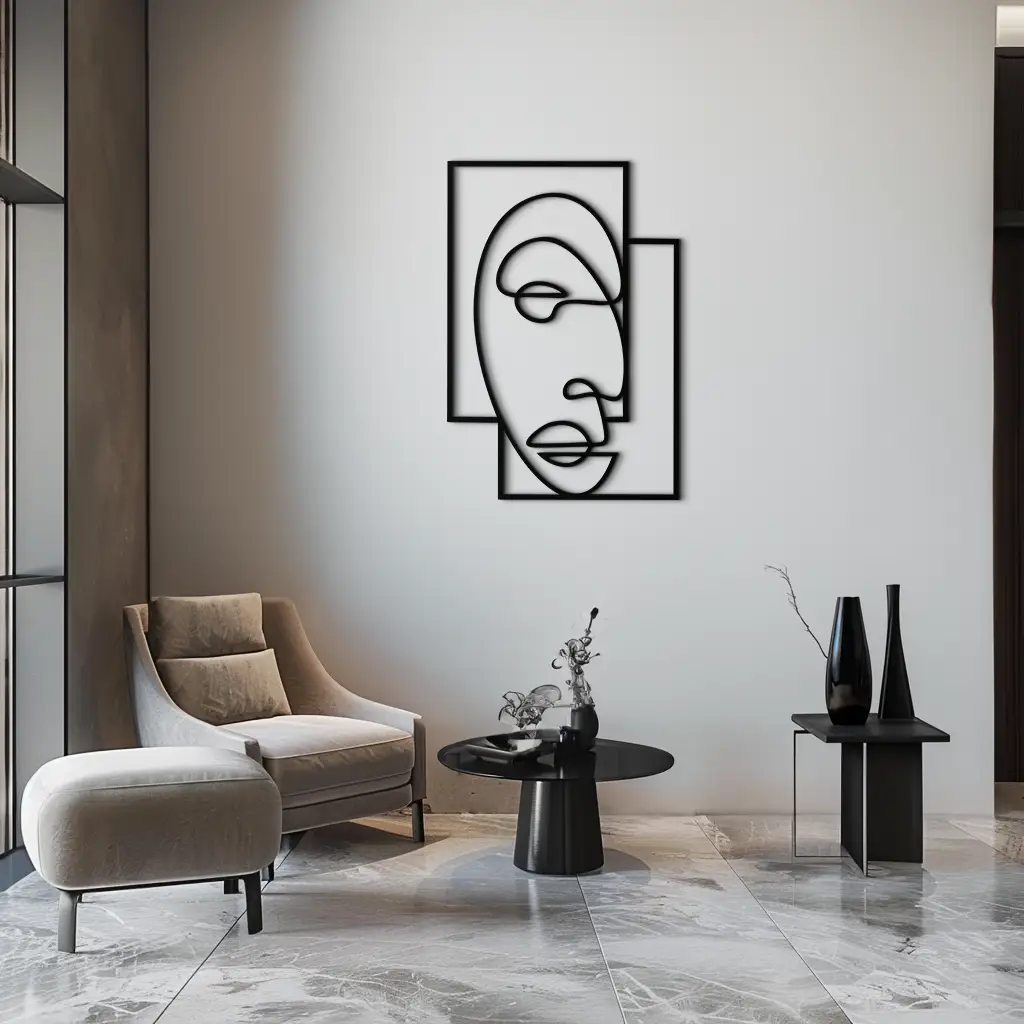Abstract Minimalist Face Metal Wall Art – Modern Geometric Line Art - KAF064 by Enova Art