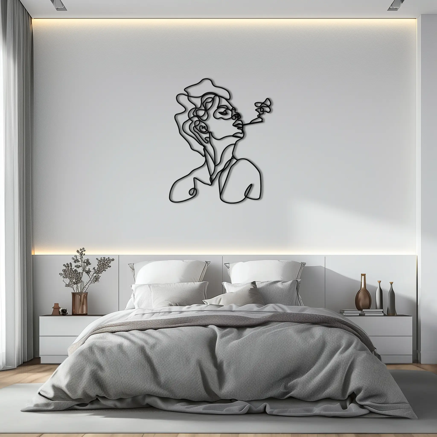 Abstract Female Line Art Metal Wall Decor – Modern Minimalist Face Sculpture - KAF071 by Enova Art