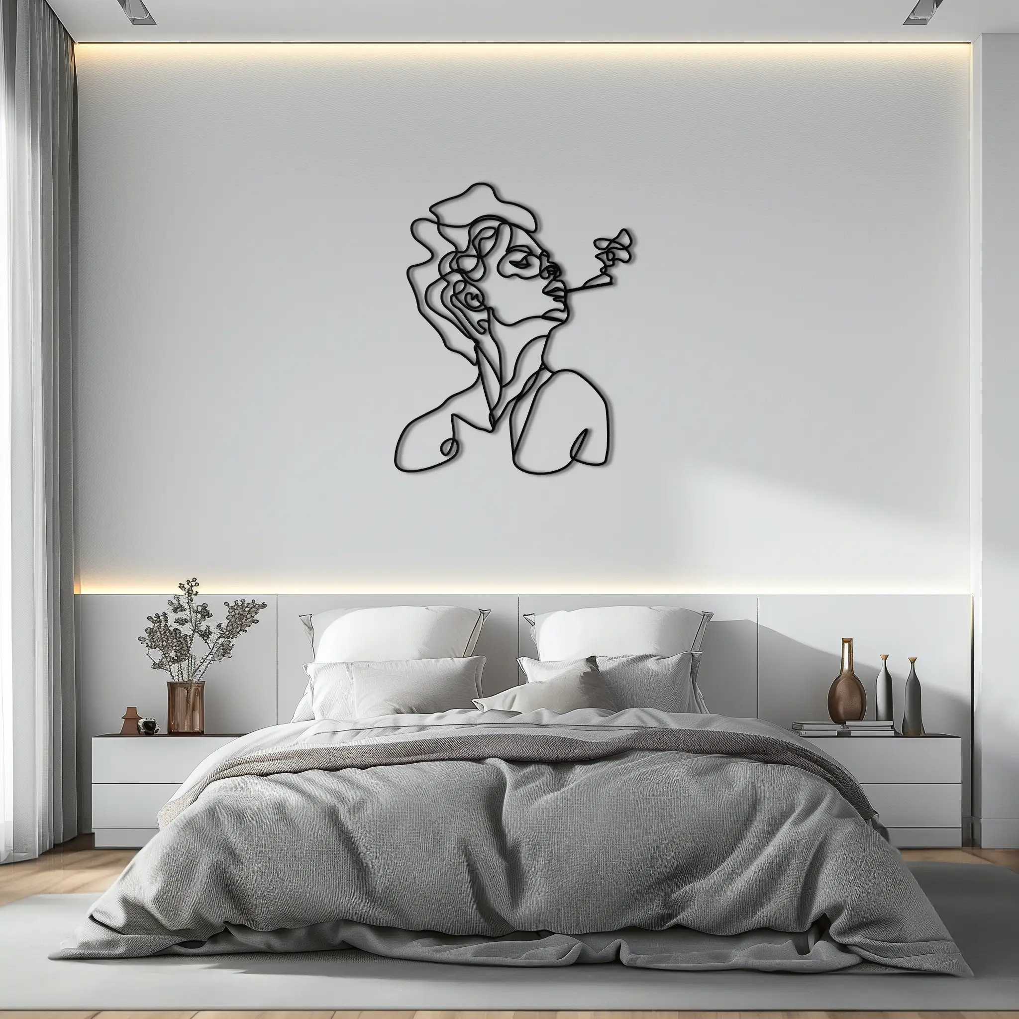 Abstract Female Line Art Metal Wall Decor – Modern Minimalist Face Sculpture - KAF071 by Enova Art
