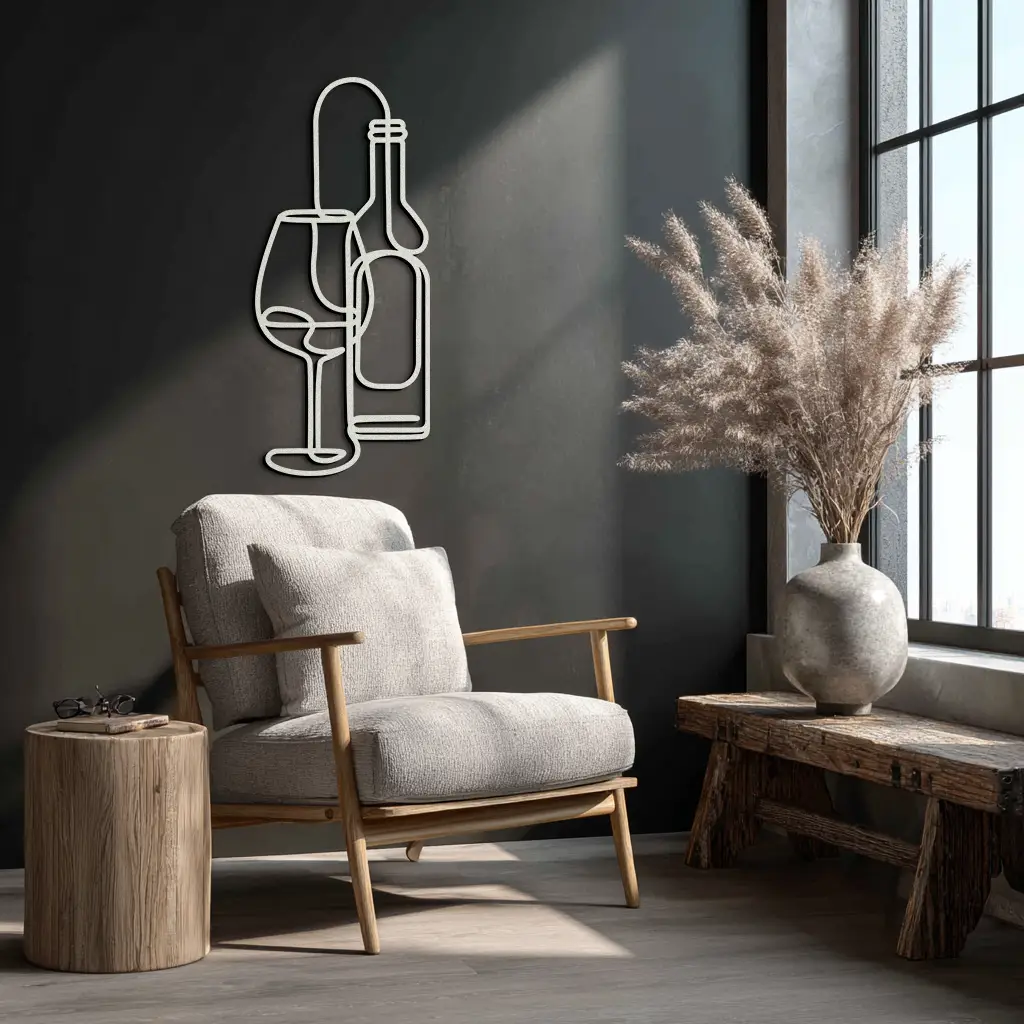 Wine Bottle & Glass Metal Wall Art - Modern Minimalist Bar Decor - KAF081 by Enova Art