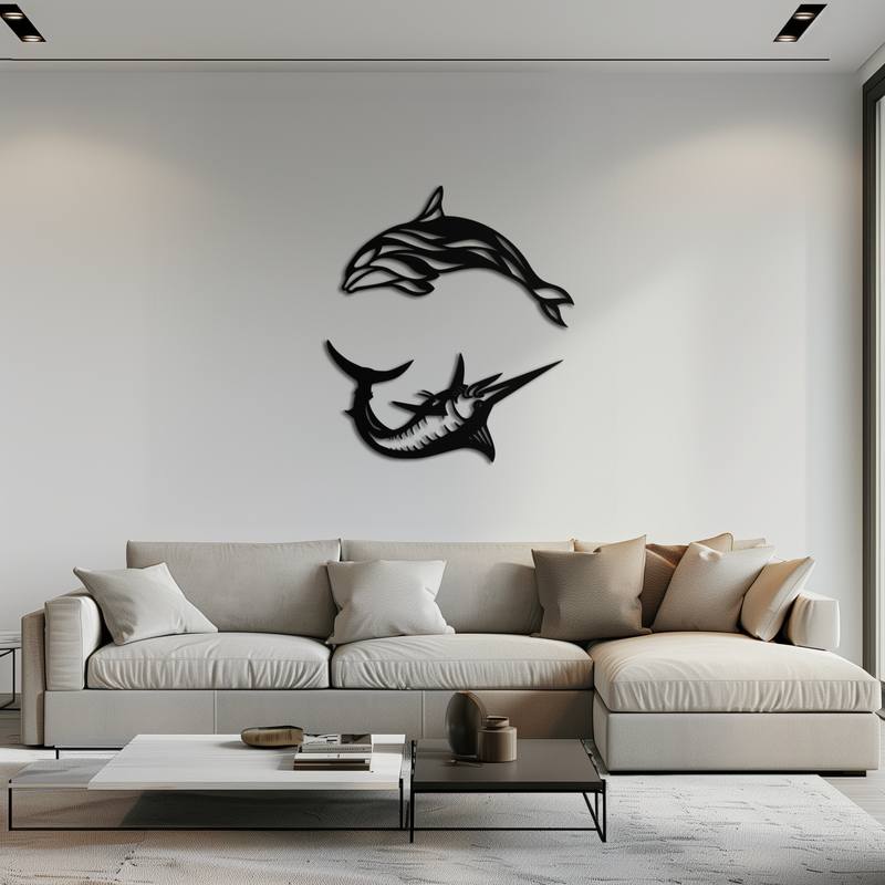 Dolphin & Marlin Metal Wall Art - Ocean-Inspired Modern Steel Decor - KAF084 by Enova Art