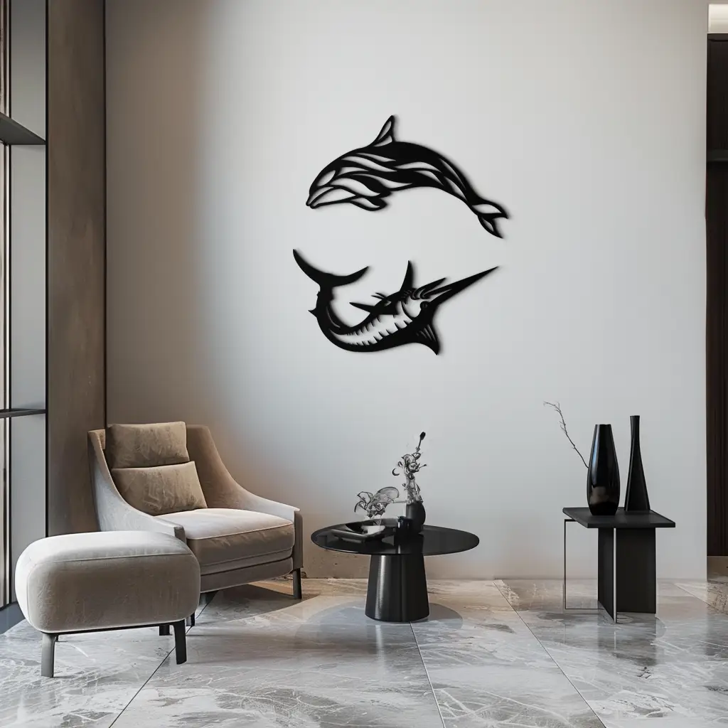 Dolphin & Marlin Metal Wall Art - Ocean-Inspired Modern Steel Decor - KAF084 by Enova Art