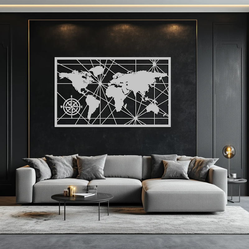 Geometric World Map Metal Wall Art - Modern Minimalist Steel Wall Decor - KAF098 by Enova Art