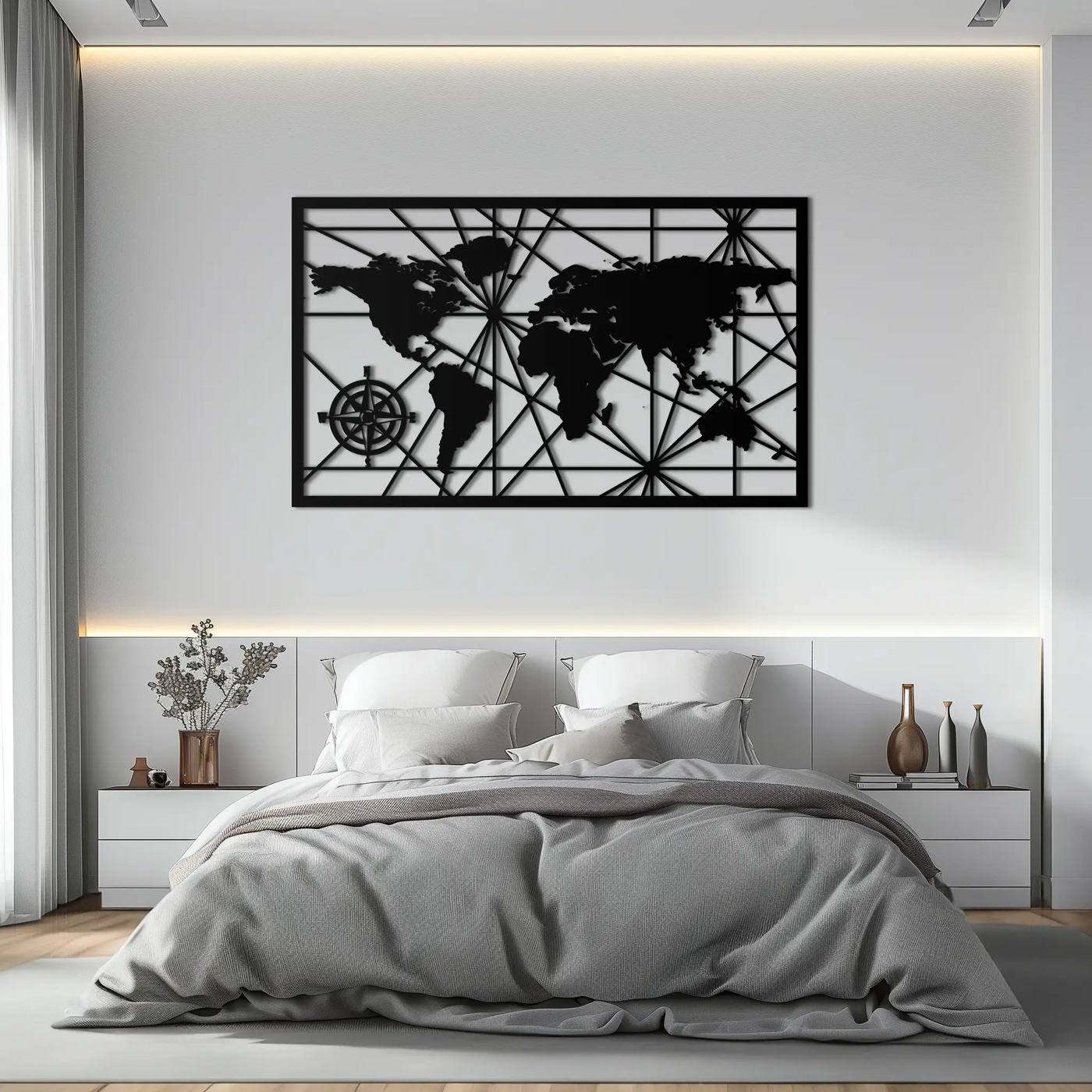 Geometric World Map Metal Wall Art - Modern Minimalist Steel Wall Decor - KAF098 by Enova Art
