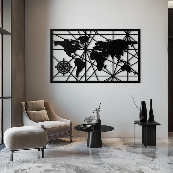 Geometric World Map Metal Wall Art - Modern Minimalist Steel Wall Decor - KAF098