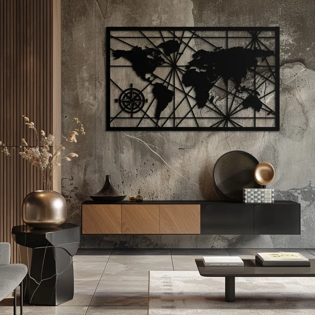 Geometric World Map Metal Wall Art - Modern Minimalist Steel Wall Decor - KAF098 by Enova Art