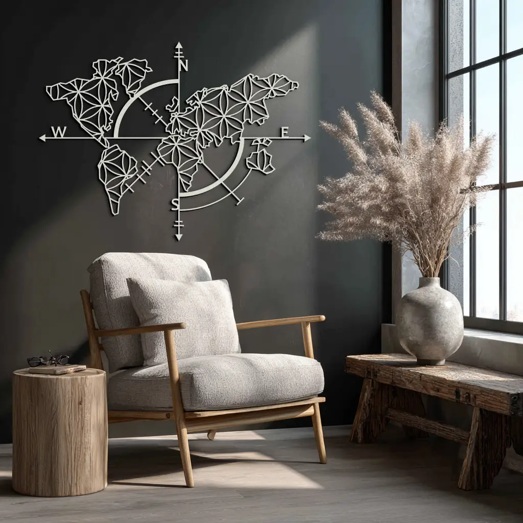 Geometric World Map Metal Wall Art - Modern Compass Wall Decor - KAF099 by Enova Art
