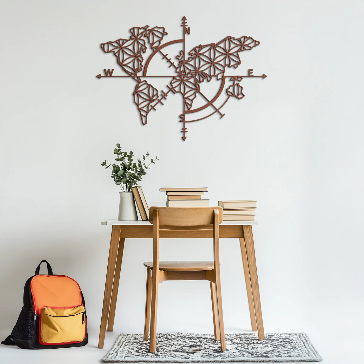 Geometric World Map Metal Wall Art - Modern Compass Wall Decor - KAF099 by Enova Art