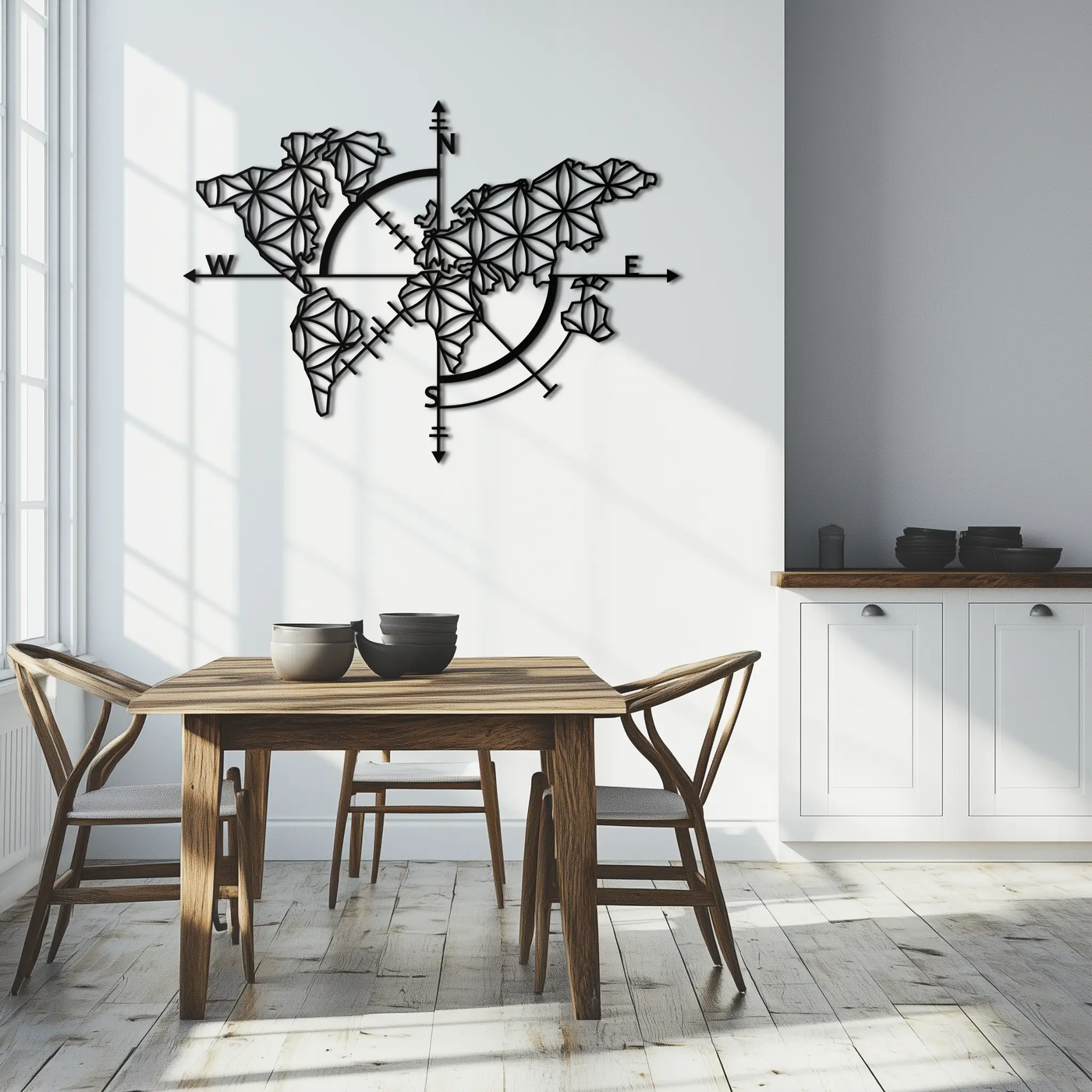 Geometric World Map Metal Wall Art - Modern Compass Wall Decor - KAF099 by Enova Art