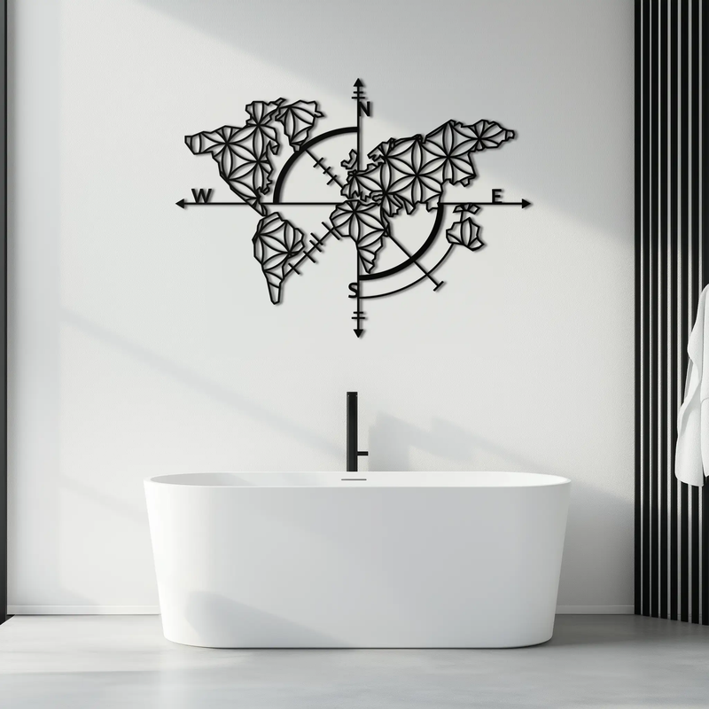 Geometric World Map Metal Wall Art - Modern Compass Wall Decor - KAF099 by Enova Art