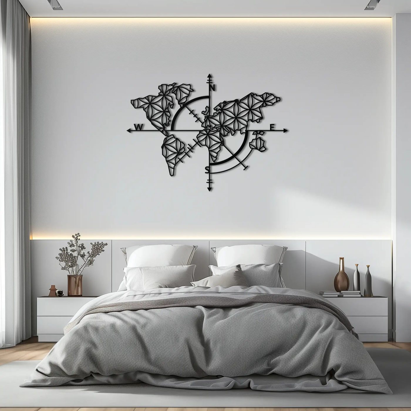 Geometric World Map Metal Wall Art - Modern Compass Wall Decor - KAF099 by Enova Art