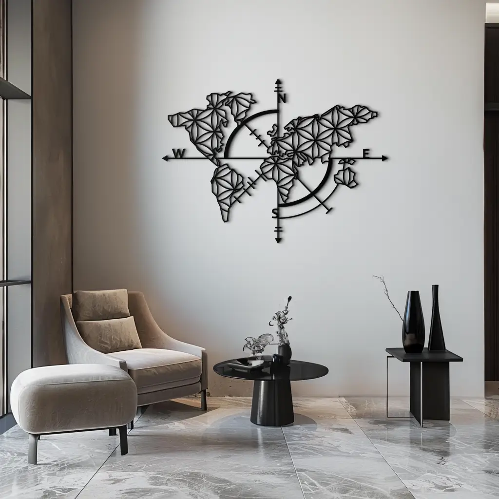 Geometric World Map Metal Wall Art - Modern Compass Wall Decor - KAF099