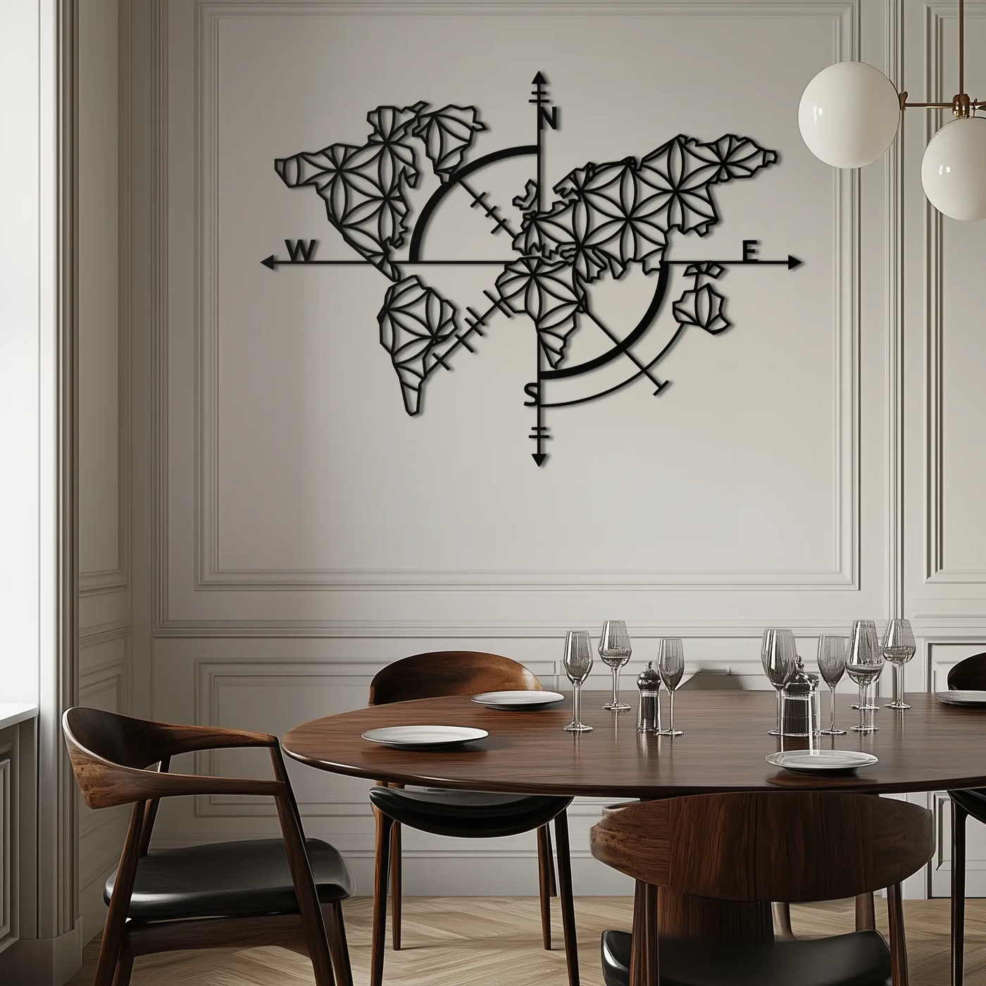 Geometric World Map Metal Wall Art - Modern Compass Wall Decor - KAF099 by Enova Art