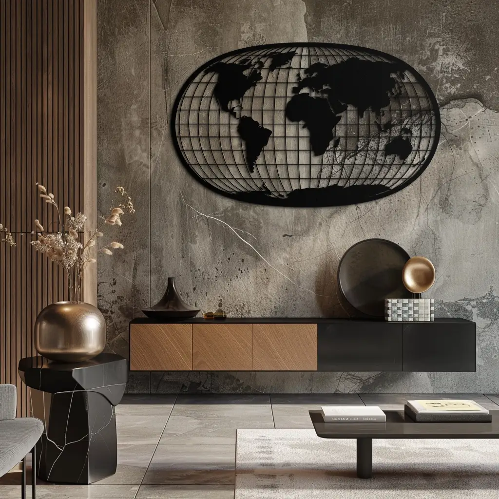 World Map Metal Wall Art - Globe Projection Steel Wall Decor - KAF103 by Enova Art