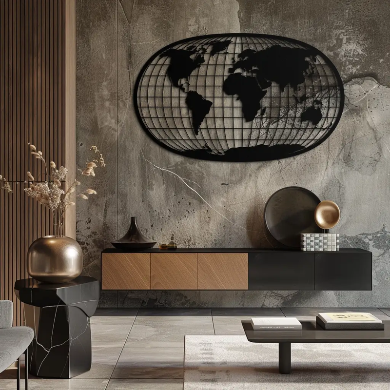 World Map Metal Wall Art - Globe Projection Steel Wall Decor - KAF103 by Enova Art