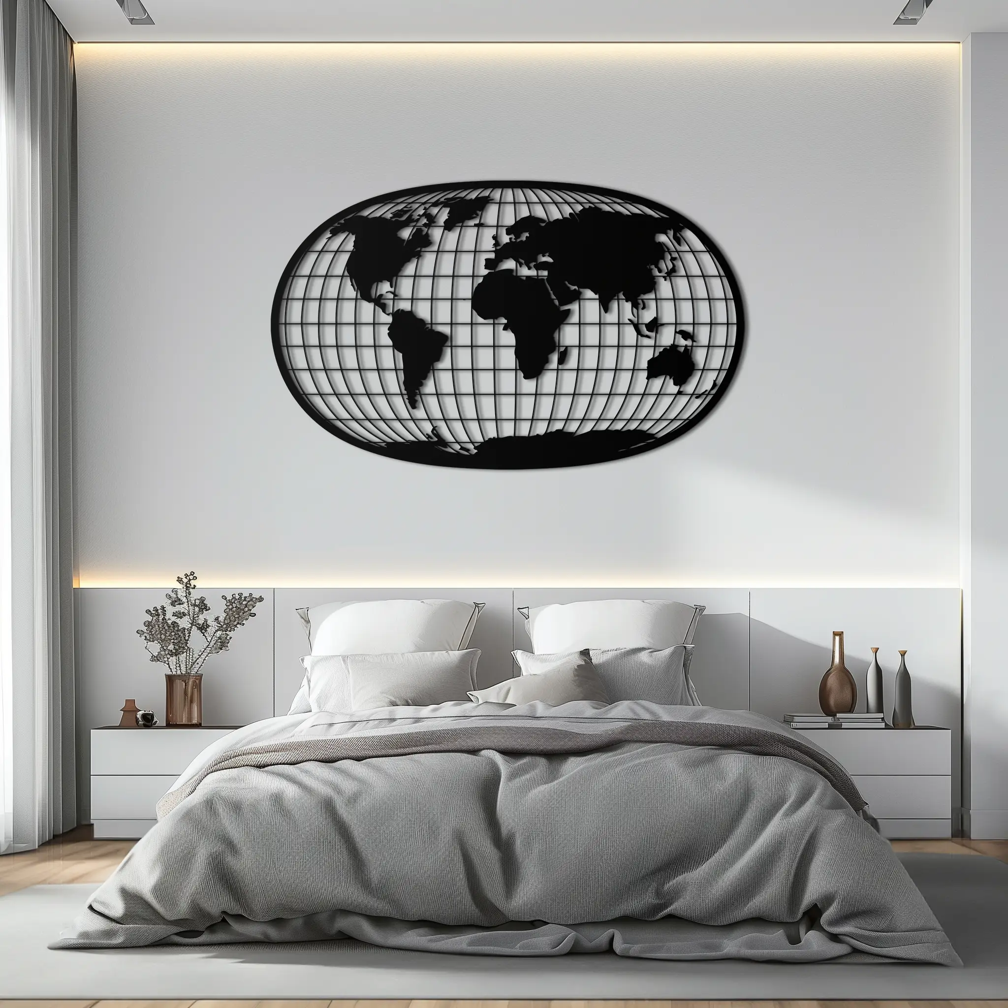 World Map Metal Wall Art - Globe Projection Steel Wall Decor - KAF103 by Enova Art