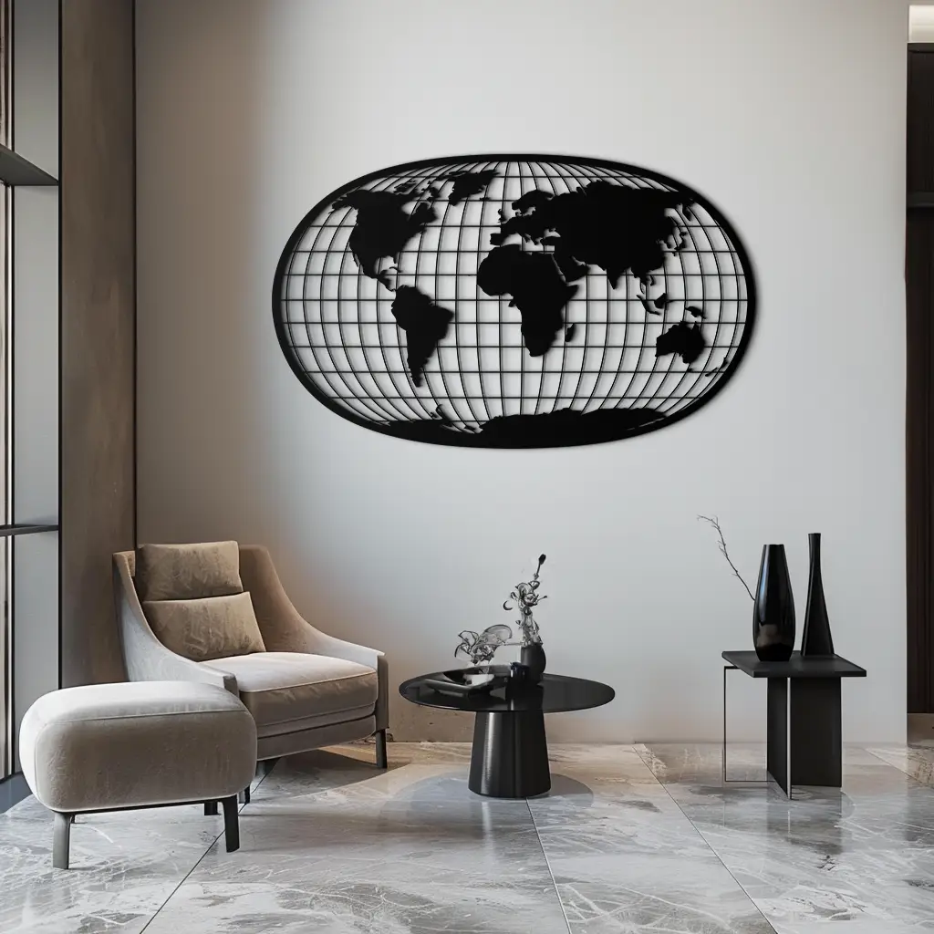 World Map Metal Wall Art - Globe Projection Steel Wall Decor - KAF103 by Enova Art
