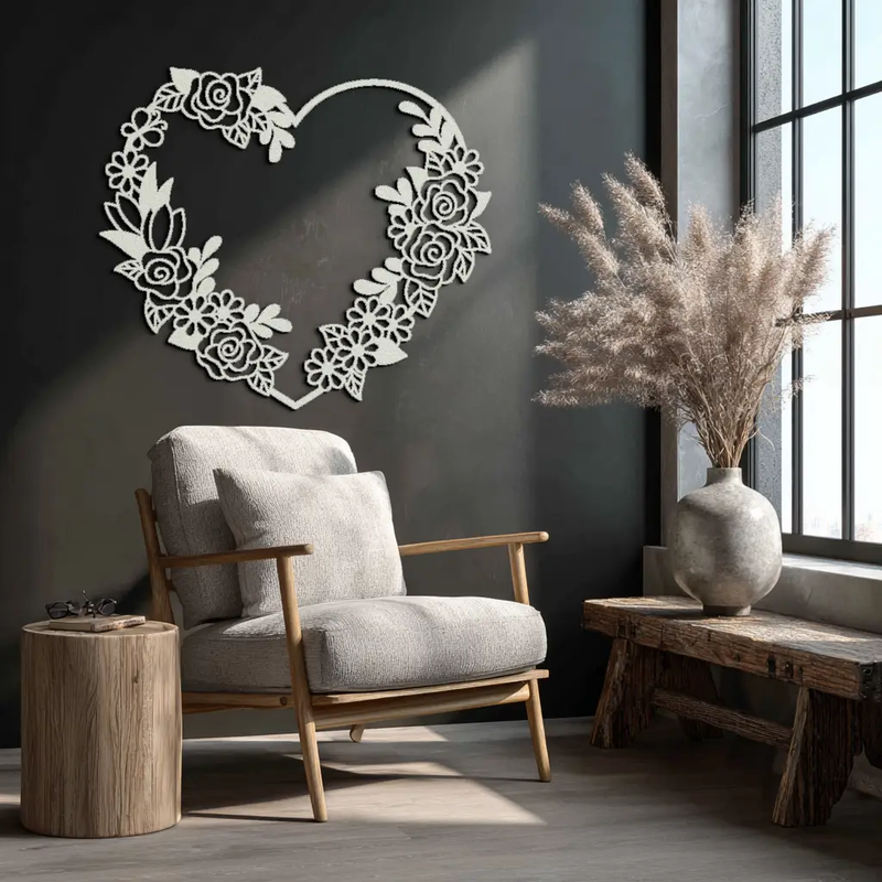 Floral Heart Metal Wall Art - Elegant Steel Rose Wreath - KAF107 by Enova Art