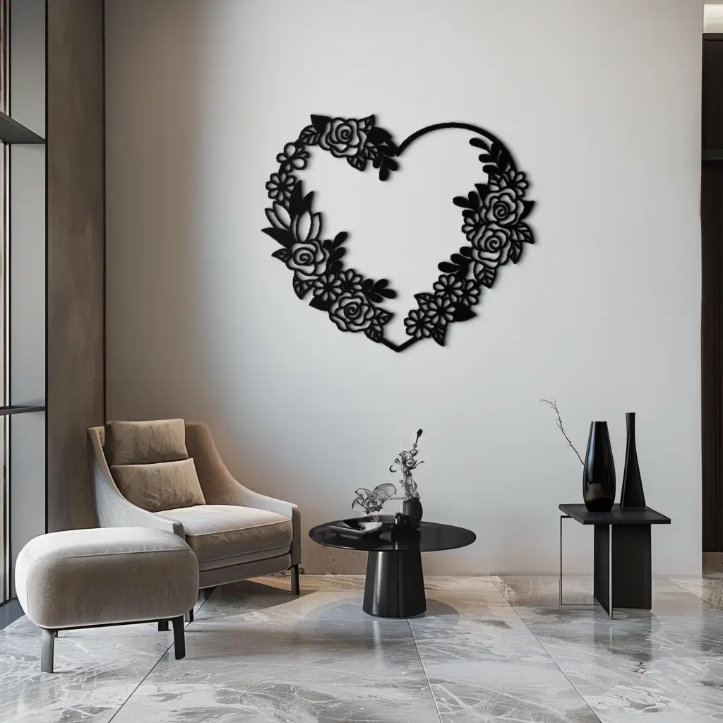 Floral Heart Metal Wall Art - Elegant Steel Rose Wreath - KAF107 by Enova Art