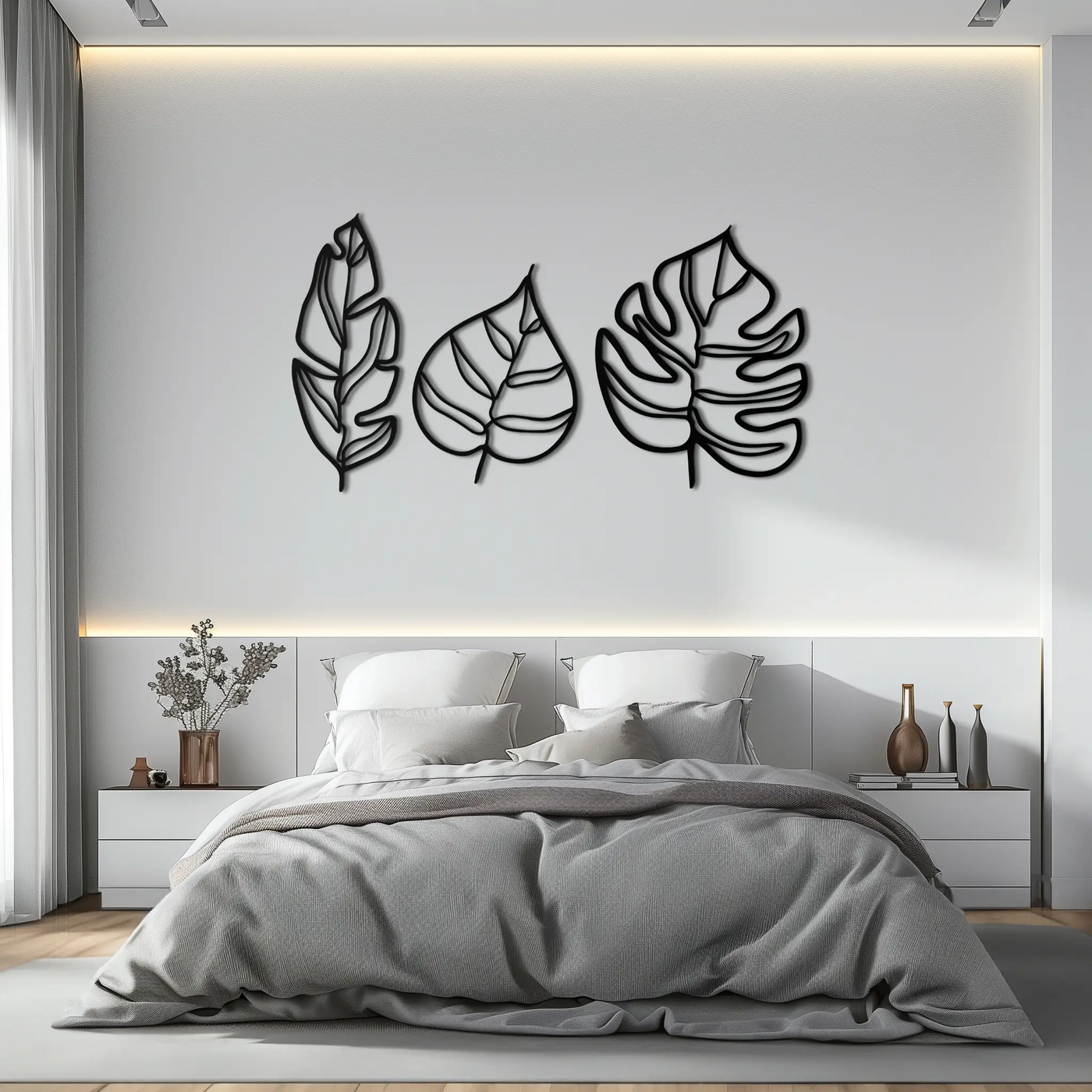 Geometric Leaf Trio Metal Wall Art - Modern Botanical Steel Decor - KAF114 by Enova Art