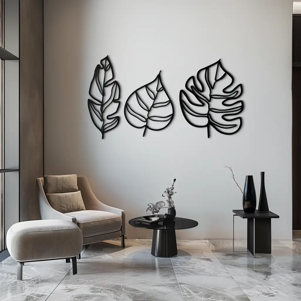 Geometric Leaf Trio Metal Wall Art - Modern Botanical Steel Decor - KAF114 by Enova Art