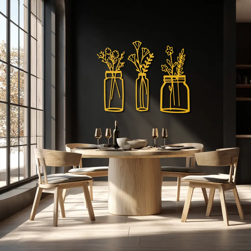 Floral Vase Metal Wall Art - 3-Piece Modern Steel Wall Decor - KAF118 by Enova Art