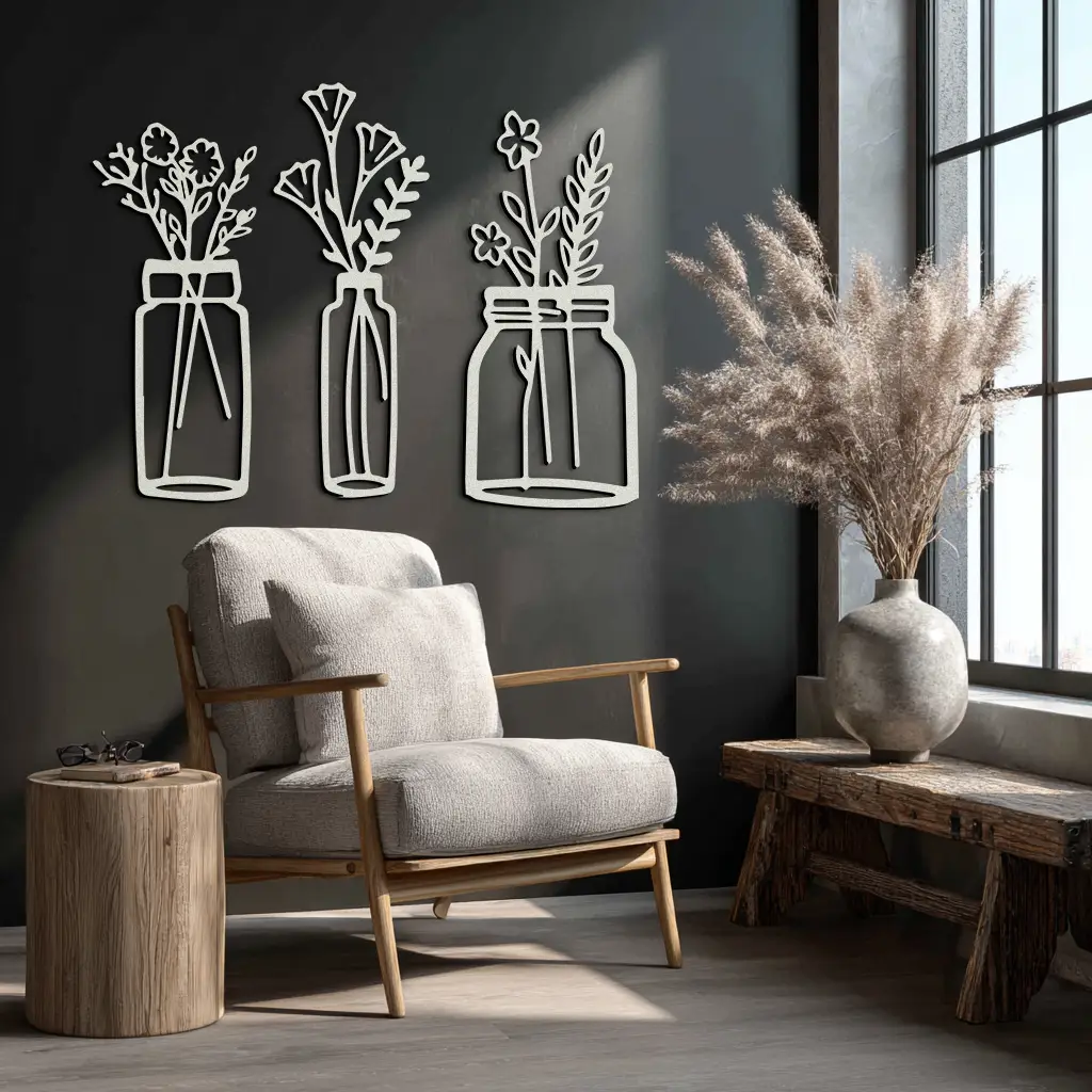 Floral Vase Metal Wall Art - 3-Piece Modern Steel Wall Decor - KAF118 by Enova Art