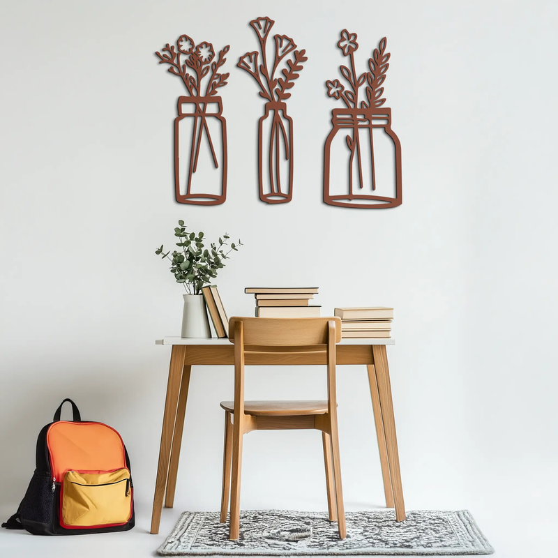 Floral Vase Metal Wall Art - 3-Piece Modern Steel Wall Decor - KAF118 by Enova Art