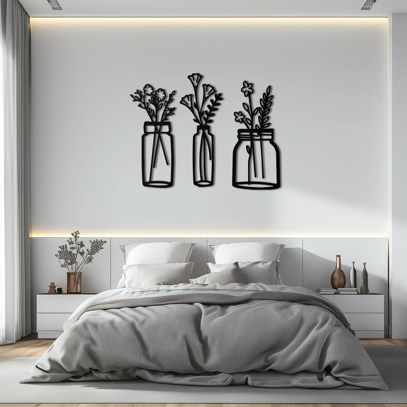 Floral Vase Metal Wall Art - 3-Piece Modern Steel Wall Decor - KAF118 by Enova Art