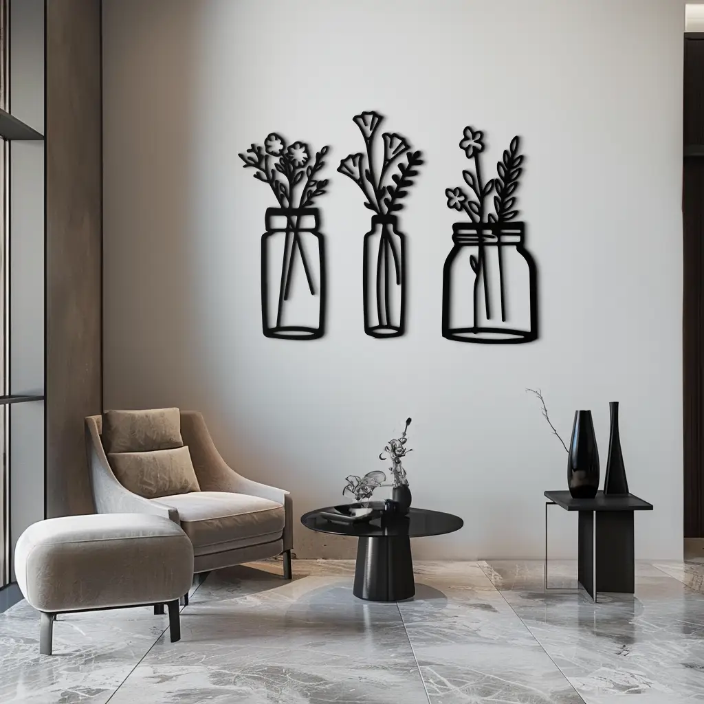 Floral Vase Metal Wall Art - 3-Piece Modern Steel Wall Decor - KAF118 by Enova Art