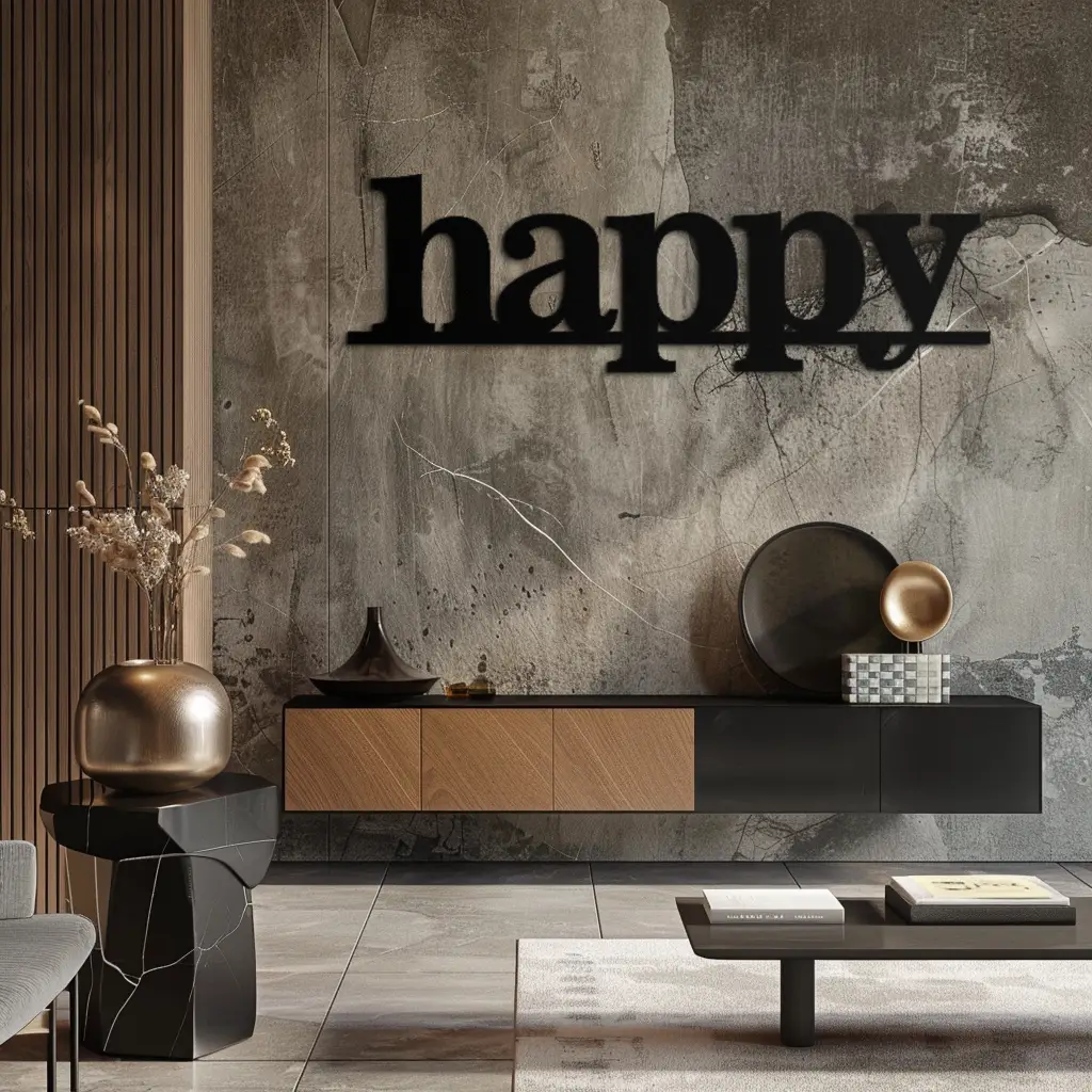 Happy Metal Wall Art - Modern Minimalist Word Sign Decor - KAF127 by Enova Art