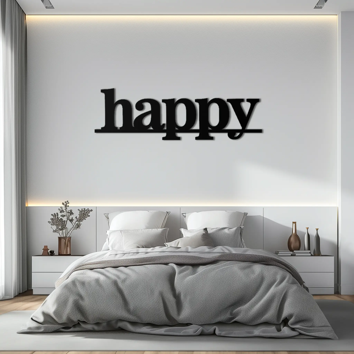 Happy Metal Wall Art - Modern Minimalist Word Sign Decor - KAF127 by Enova Art