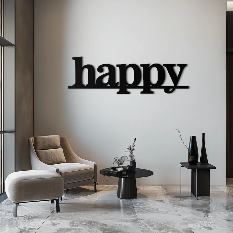 Happy Metal Wall Art - Modern Minimalist Word Sign Decor - KAF127 by Enova Art