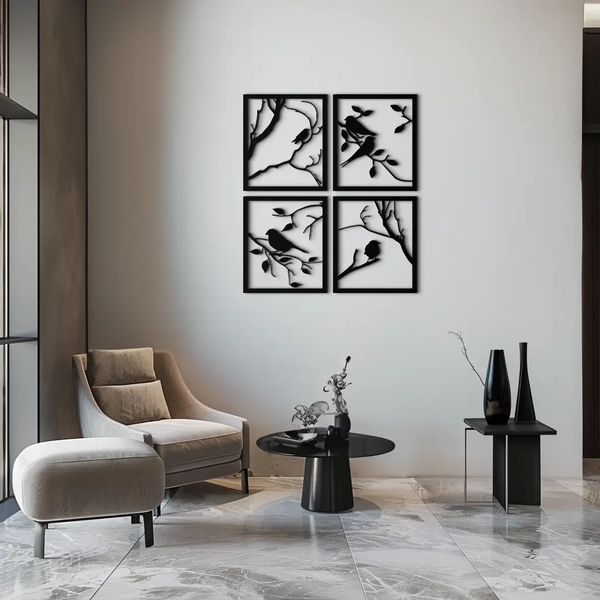 Bird Silhouette Metal Wall Art - 4-Piece Modern Steel Wall Decor - KAF128
