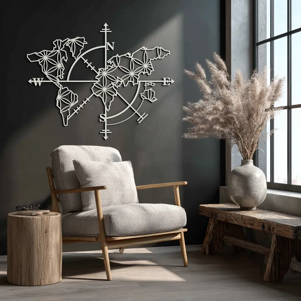 Geometric World Map Metal Wall Art - Modern Compass-Inspired Steel Decor - KAF131 by Enova Art