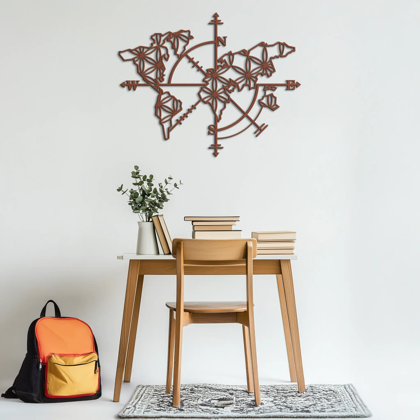 Geometric World Map Metal Wall Art - Modern Compass-Inspired Steel Decor - KAF131 by Enova Art