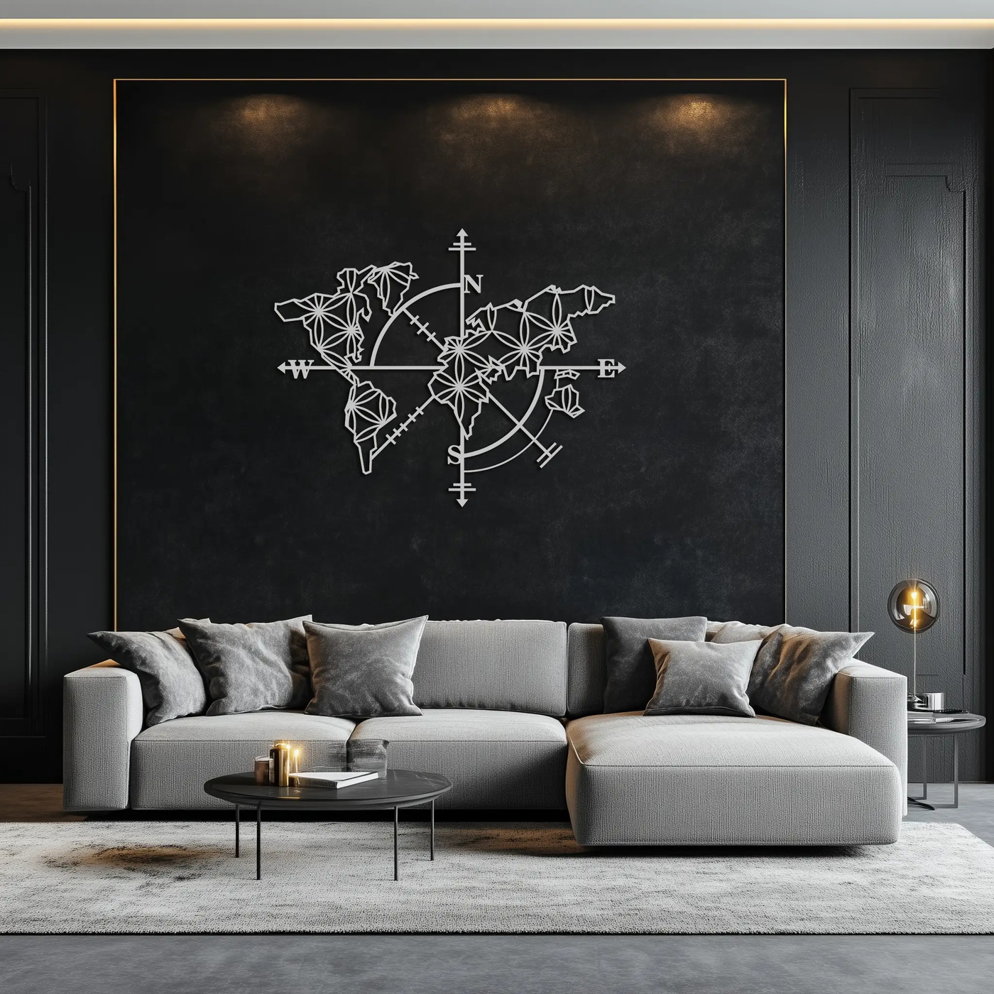 Geometric World Map Metal Wall Art - Modern Compass-Inspired Steel Decor - KAF131 by Enova Art