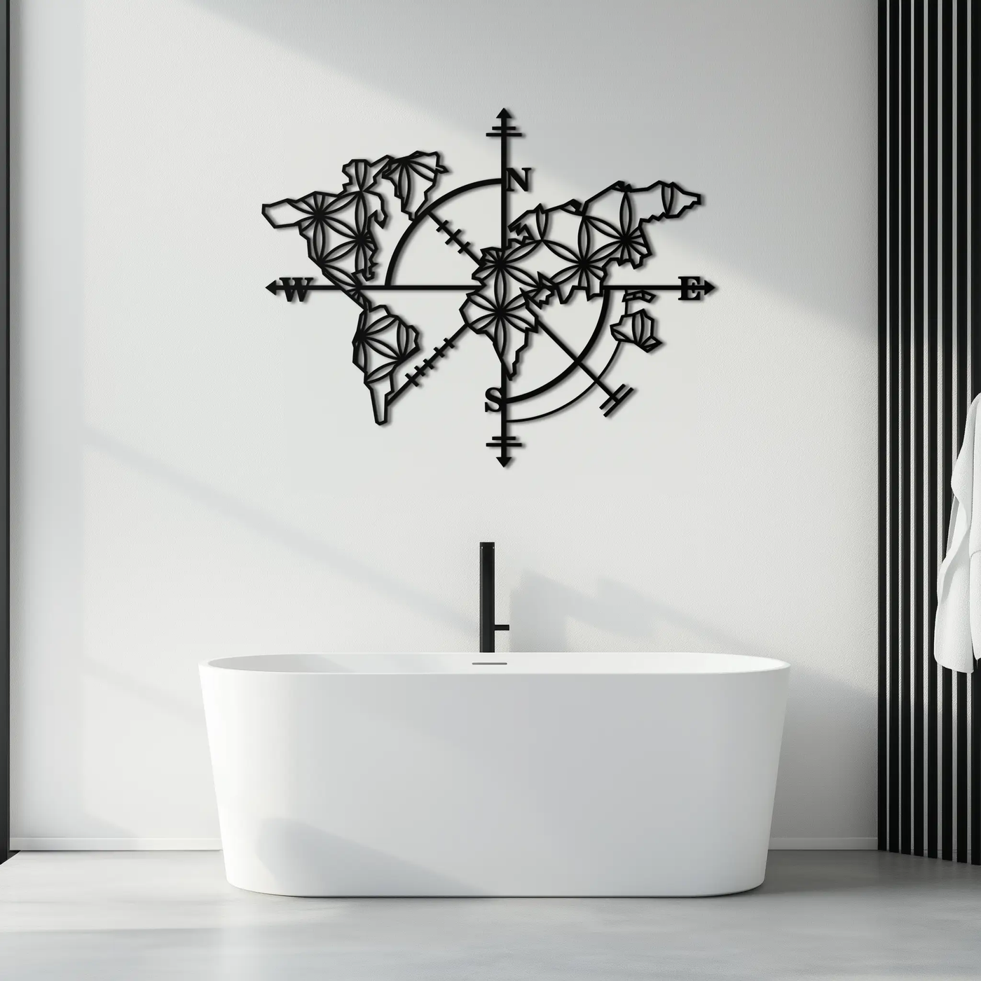Geometric World Map Metal Wall Art - Modern Compass-Inspired Steel Decor - KAF131 by Enova Art
