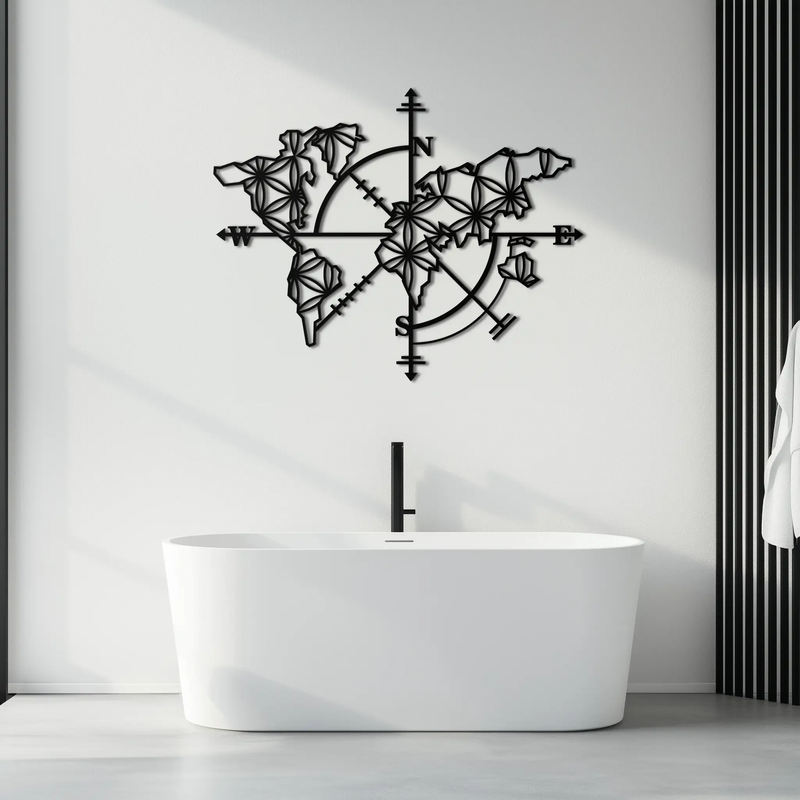 Geometric World Map Metal Wall Art - Modern Compass-Inspired Steel Decor - KAF131 by Enova Art